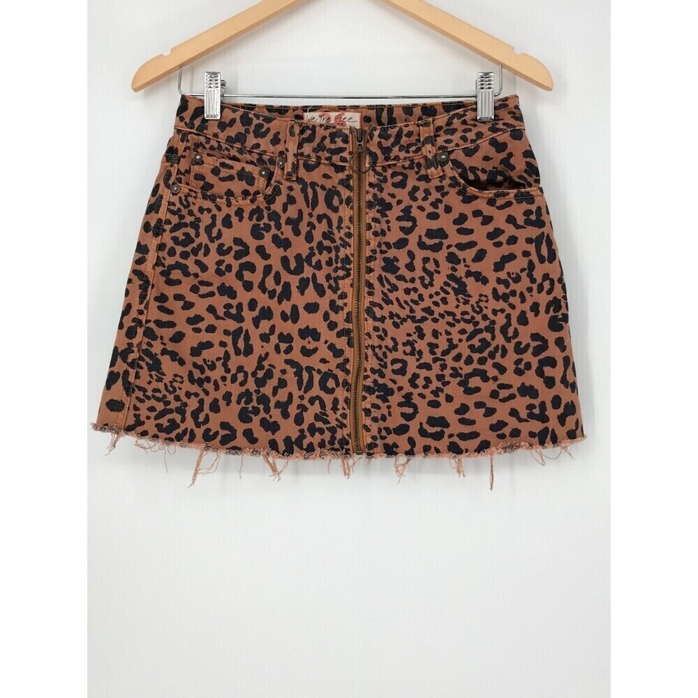 We The Free Free People Leopard Print Zip Front Denim Mini Skirt Tan Black 26 - Picture 2 of 10